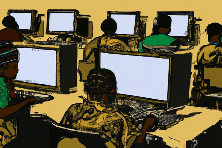 Imagen generada por la herramienta Dall-E 2, utilizada por la revista Time para ilustrar su artículo sobre los trabajadores keniatas para Open AI. El pie de foto en el artículo original advierte "Times no utiliza imágenes generadas por AI para ilustrar sus historias, en este caso hemos hecho una excepción para mostrar el poder de la tecnología de Open AI y arrojar luz sobre los trabajadores que lo hacen posible"