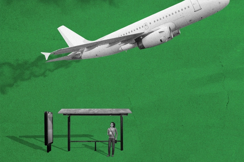 Ilustración de avión despegando sobre fondo verde